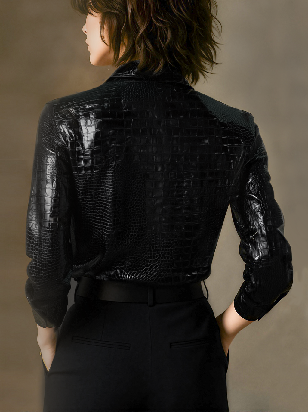 Glossy Black Crocodile Embossed Shirt Avalabel