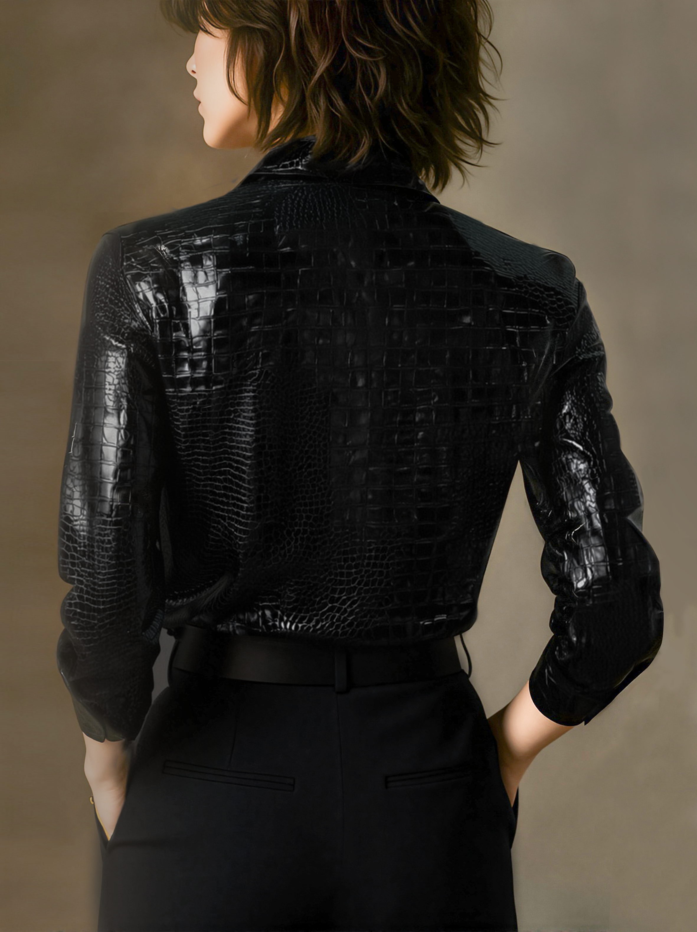 Glossy Black Crocodile Embossed Shirt Avalabel