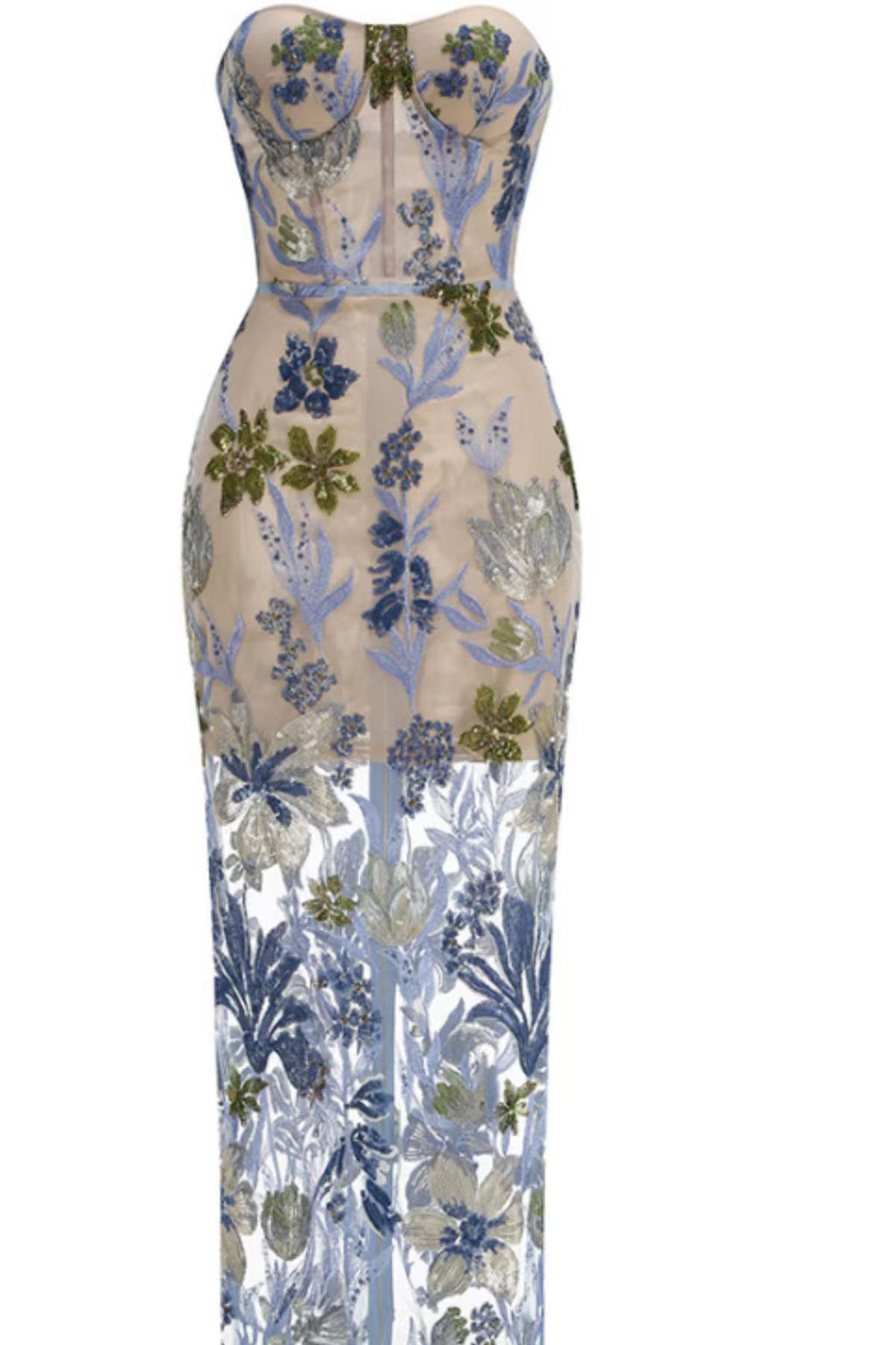 Allyson Strapless Floral Embroidered Tulle Maxi Dress Avalabel