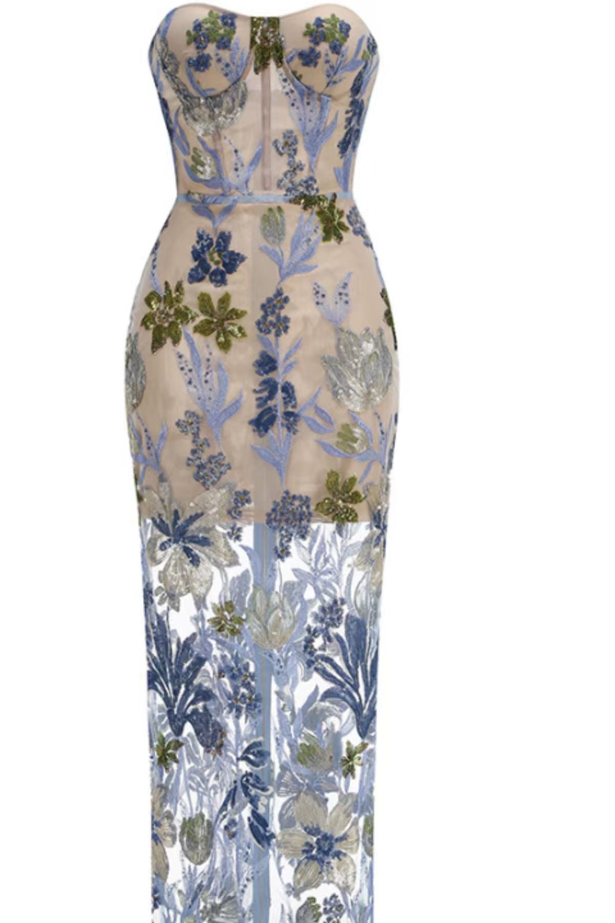 Allyson Strapless Floral Embroidered Tulle Maxi Dress Avalabel