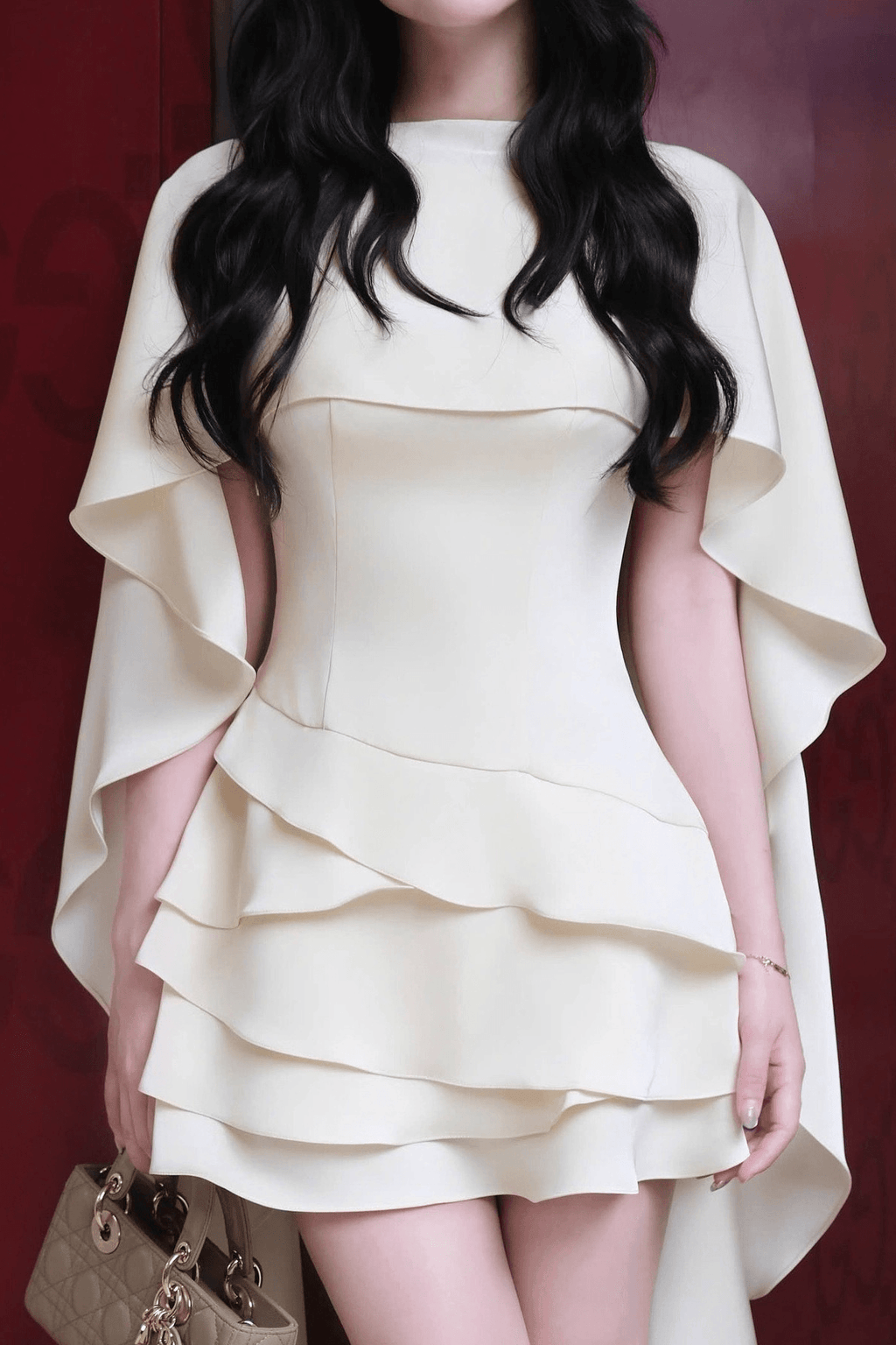 Adora White Cape Sleeve Open Back Ruffle Mini Dress Avalabel