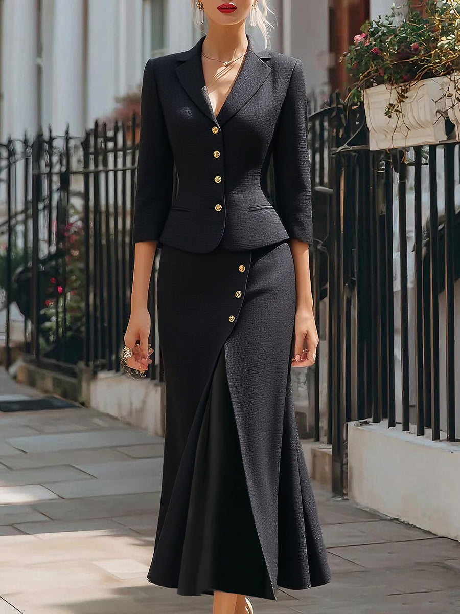 Elegant Textured Buttoned Blazer & Midi Skirt Set Avalabel