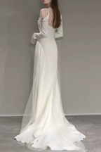 White Sheer Long Sleeve Draped Train Maxi Dress Avalabel