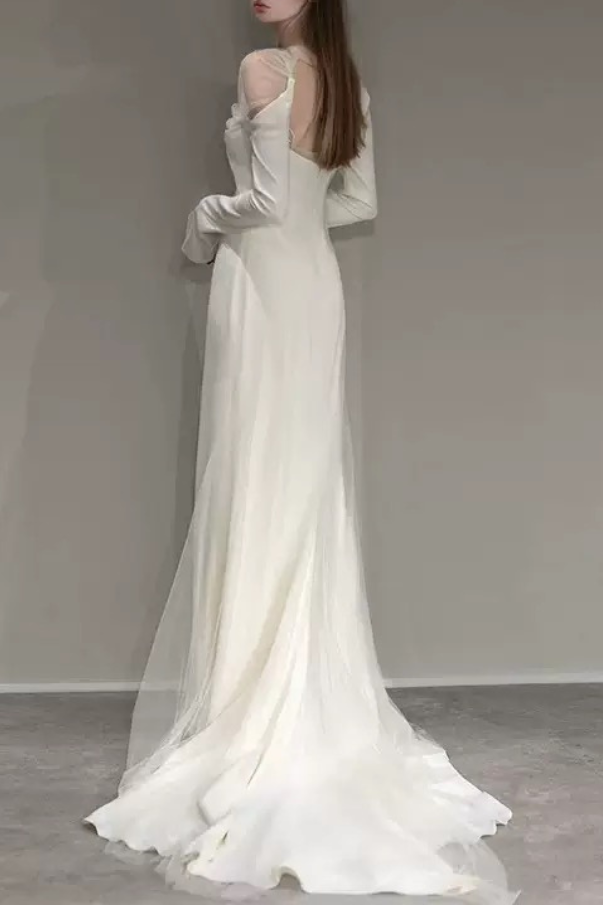 White Sheer Long Sleeve Draped Train Maxi Dress Avalabel