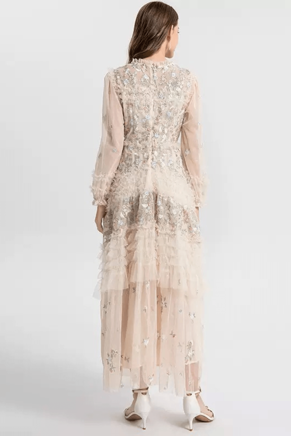 Lily Champagne Floral Embroidered Tiered Tulle Maxi Dress Avalabel