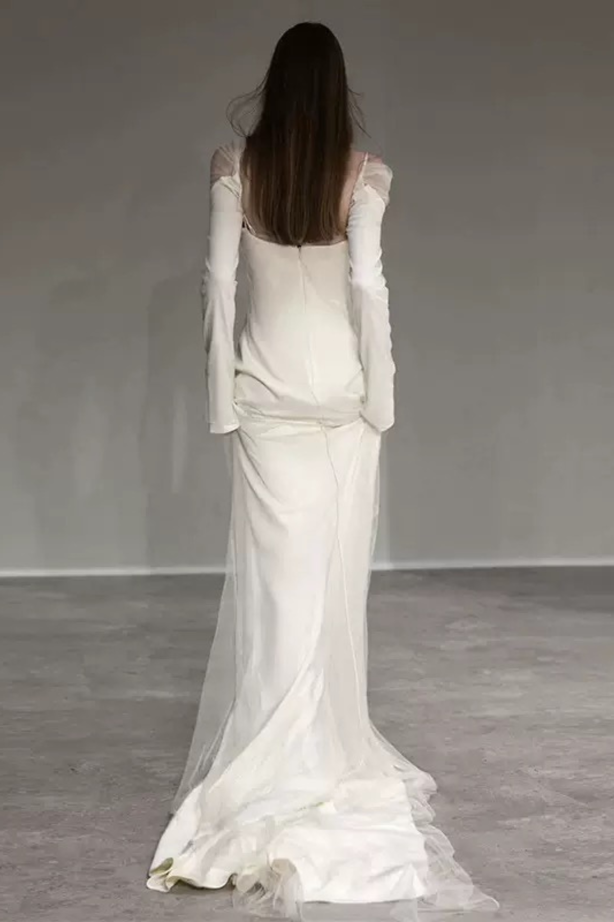 White Sheer Long Sleeve Draped Train Maxi Dress Avalabel