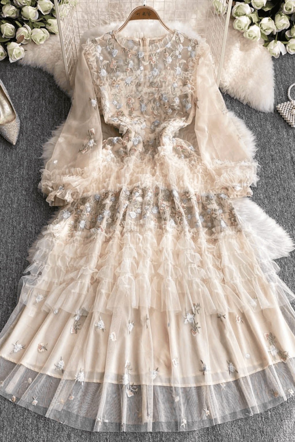 Lily Champagne Floral Embroidered Tiered Tulle Maxi Dress Avalabel