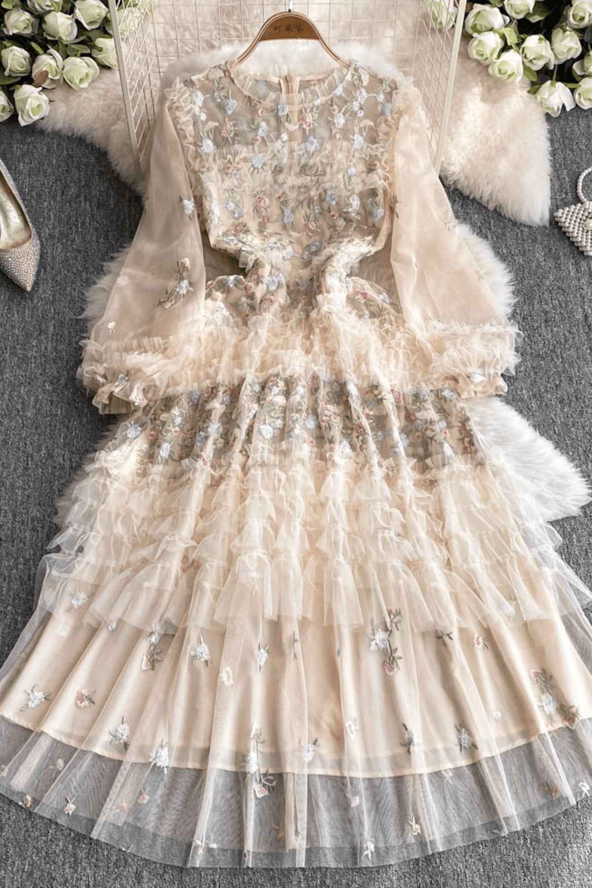 Lily Champagne Floral Embroidered Tiered Tulle Maxi Dress Avalabel