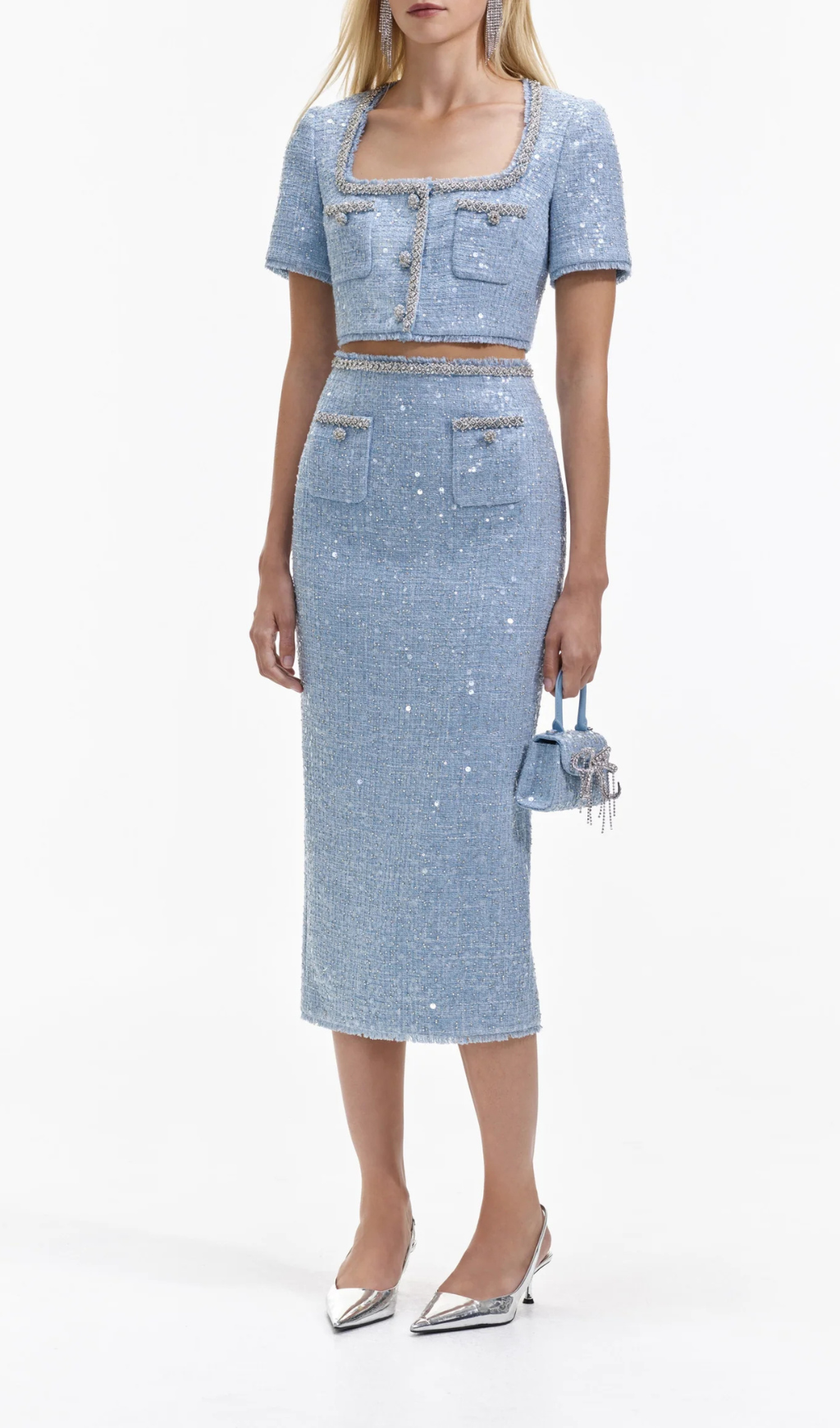 BLUE SEQUIN BOUCLE CROP TOP Avalabel