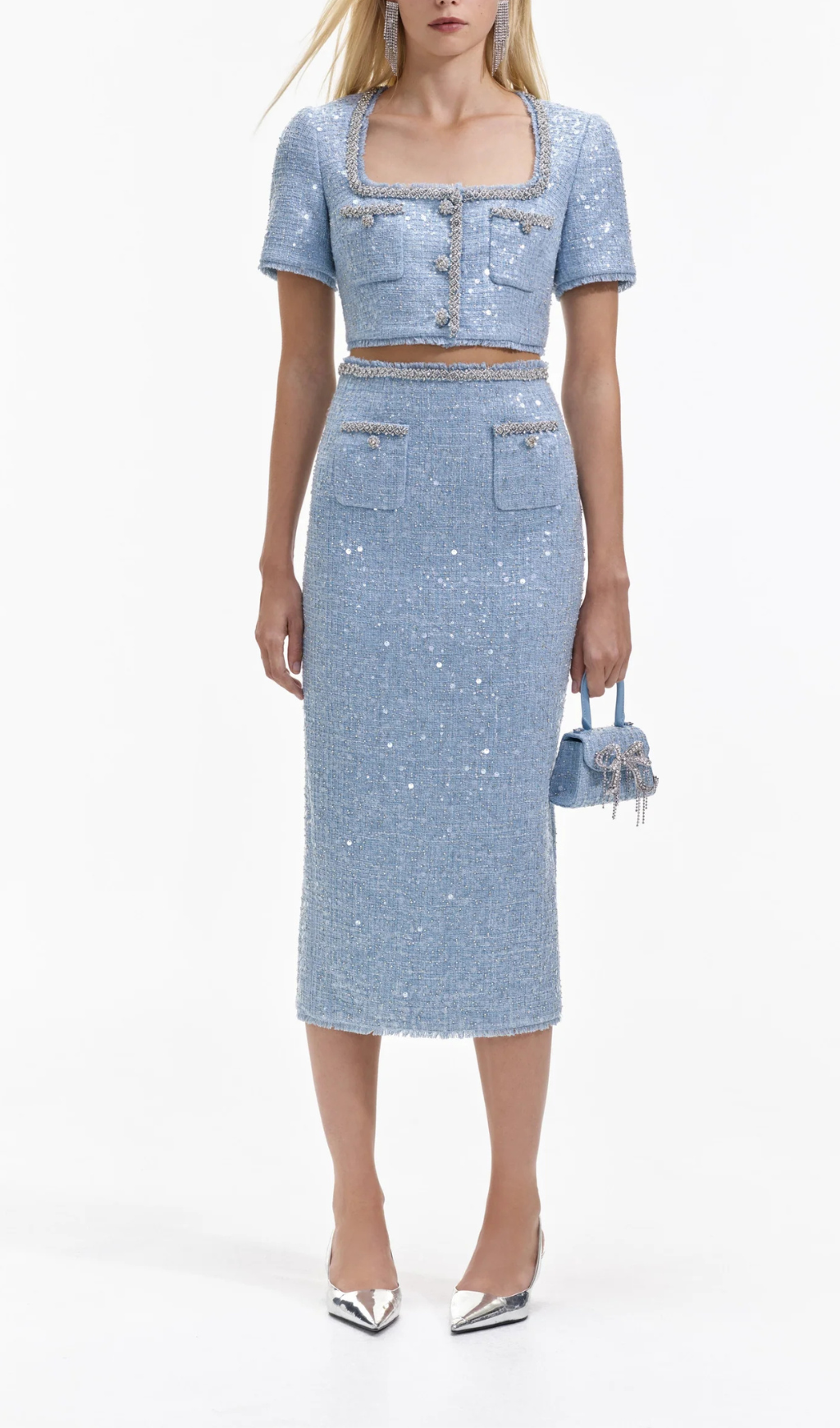 BLUE SEQUIN BOUCLE CROP TOP Avalabel