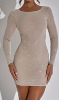 SEQUIN LONG SLEEVE MINI DRESS IN NUDE Avalabel
