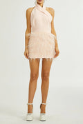 tara feather-detail tassel halter backless dress in pink Avalabel