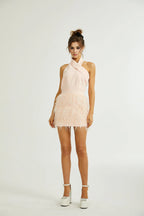 tara feather-detail tassel halter backless dress in pink Avalabel