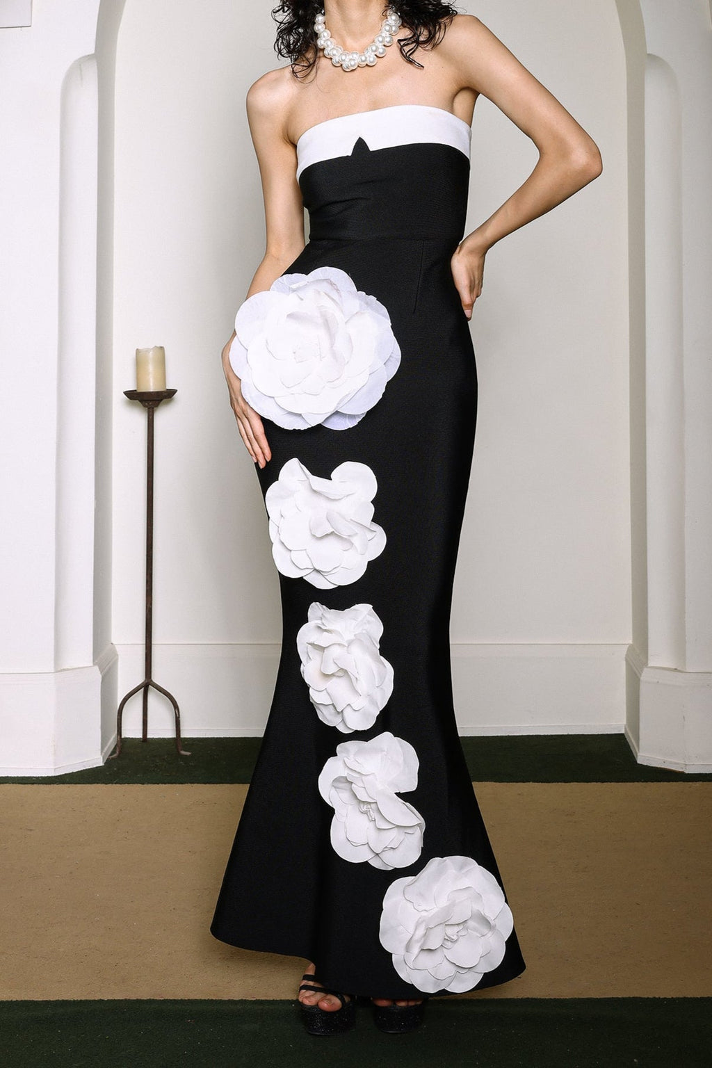 Makala 3d Flower Fishtail Maxi Bandage Dress in black Avalabel