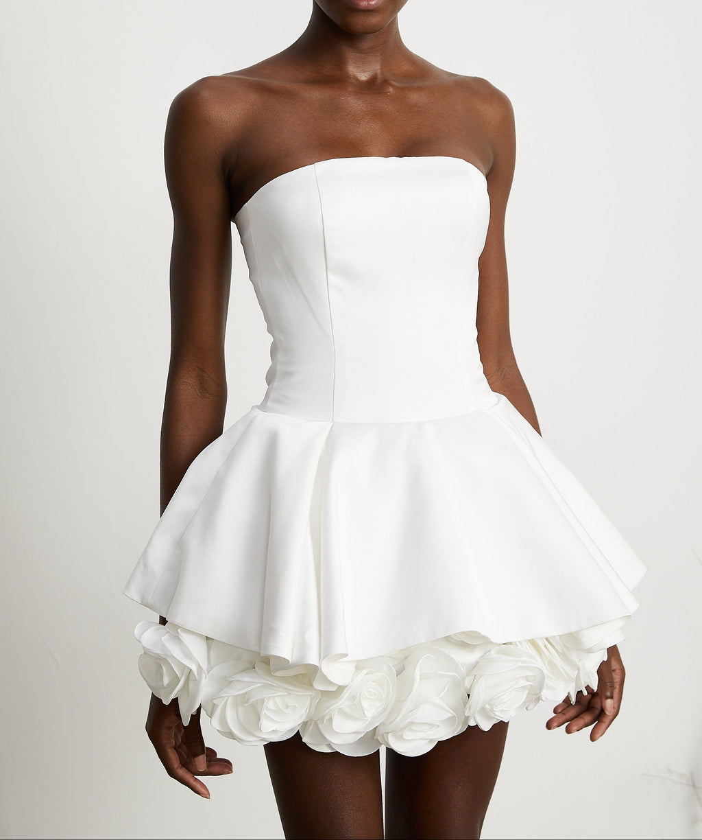Lucie white petal-layered strapless corset mini dress Avalabel