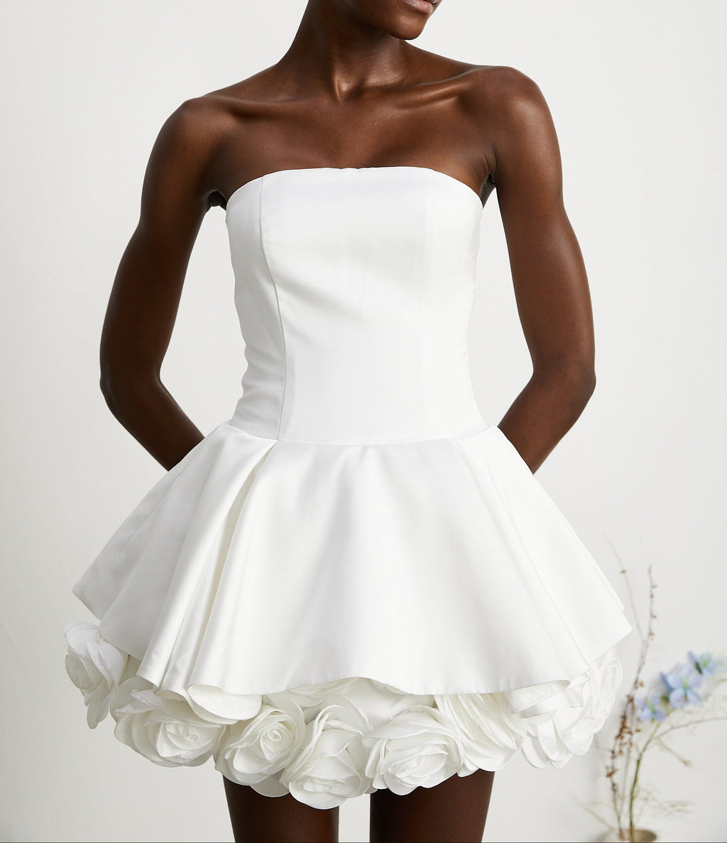 Lucie white petal-layered strapless corset mini dress Avalabel