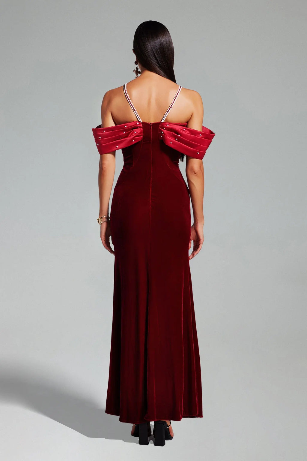 Tove Off Shoulder Velvet Maxi Dress - Red Avalabel