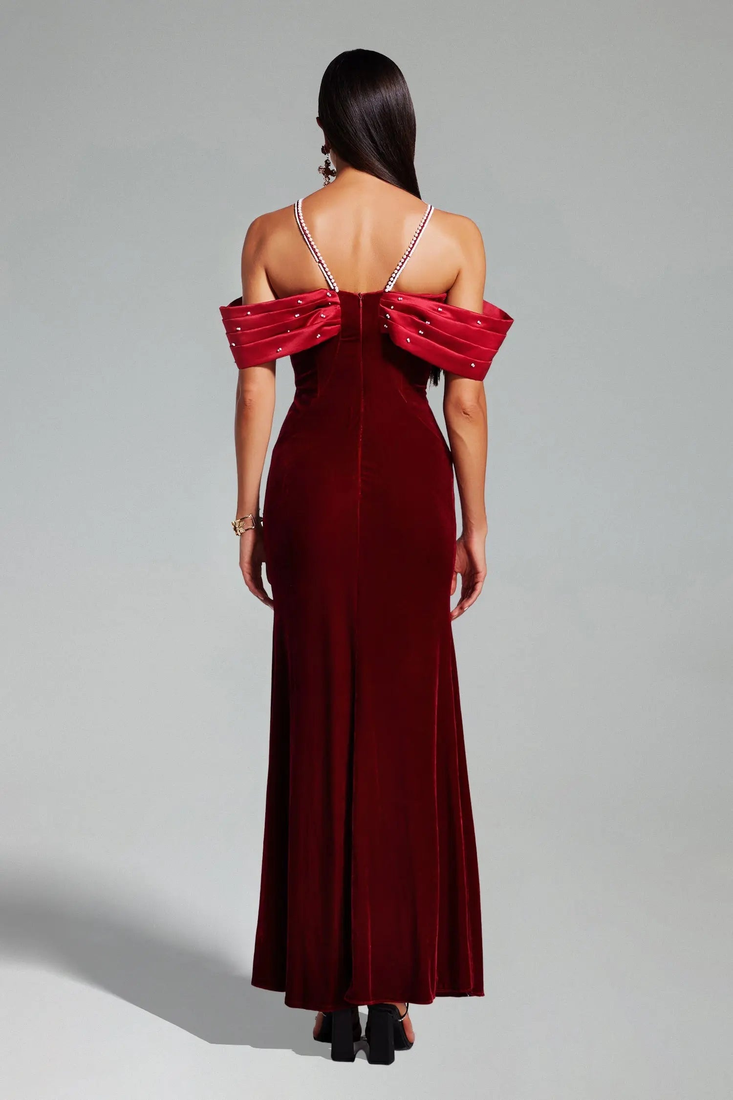Tove Off Shoulder Velvet Maxi Dress - Red Avalabel