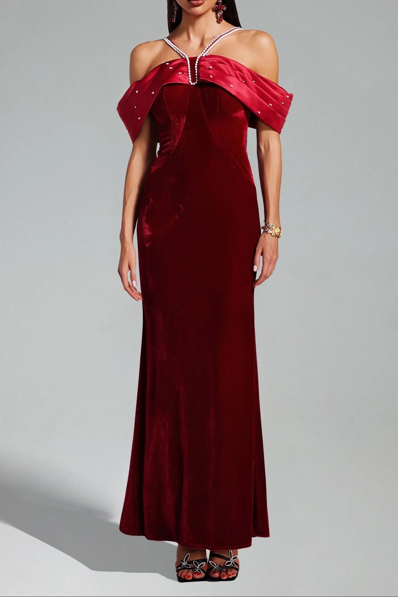 Tove Off Shoulder Velvet Maxi Dress - Red Avalabel