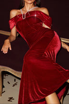 Tove Off Shoulder Velvet Maxi Dress - Red Avalabel