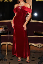 Tove Off Shoulder Velvet Maxi Dress - Red Avalabel