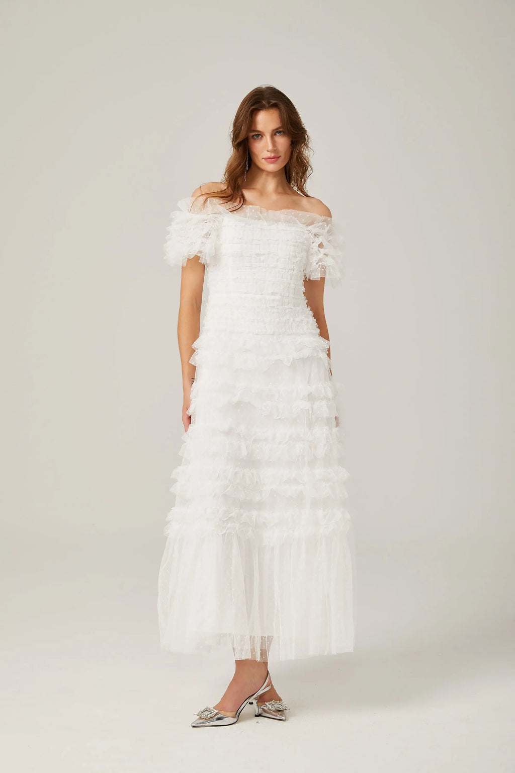 joyce ruffled tulle tiered strapless midi dress in white Avalabel