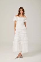 joyce ruffled tulle tiered strapless midi dress in white Avalabel