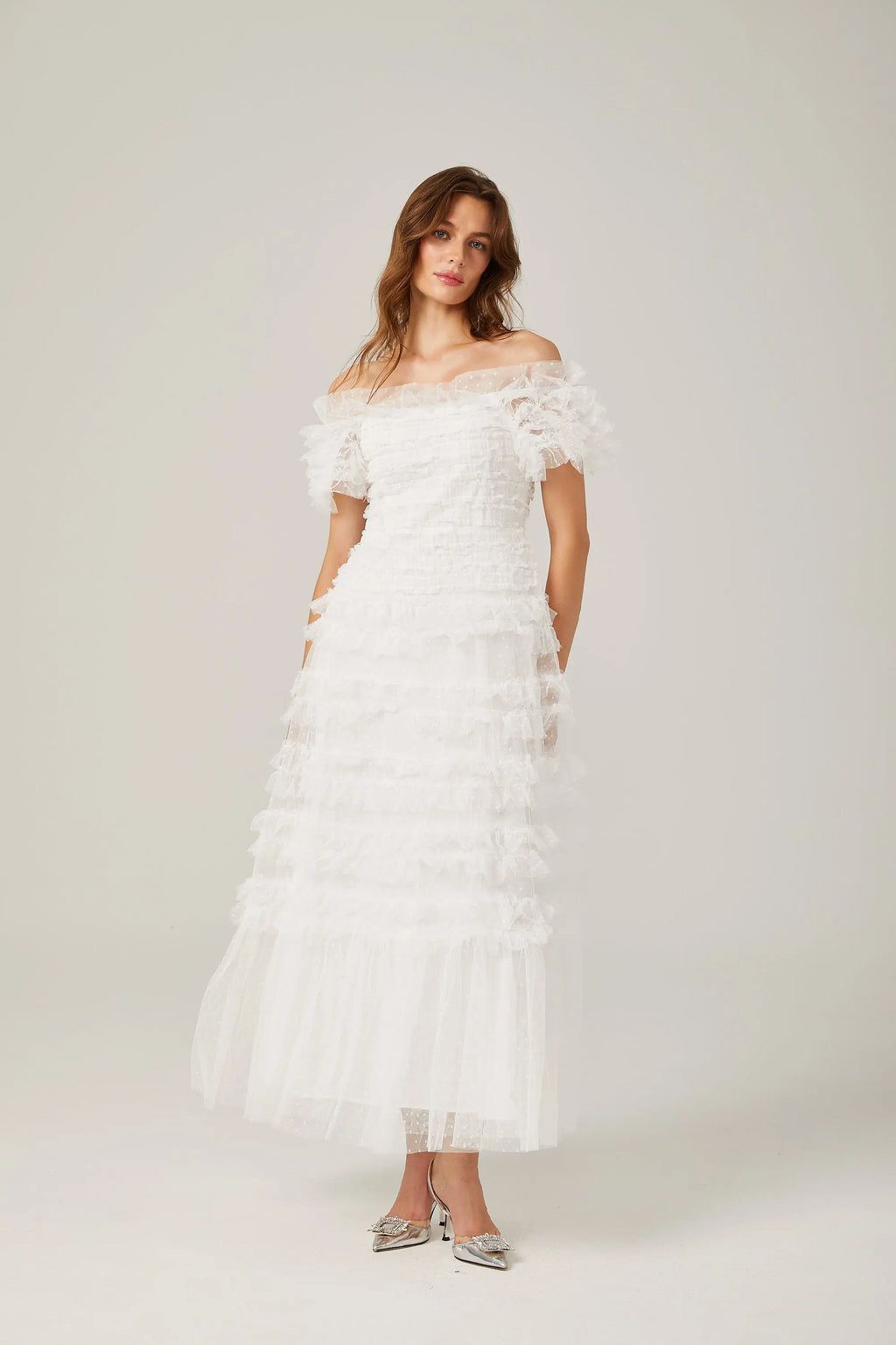 joyce ruffled tulle tiered strapless midi dress in white Avalabel