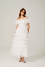 joyce ruffled tulle tiered strapless midi dress in white Avalabel