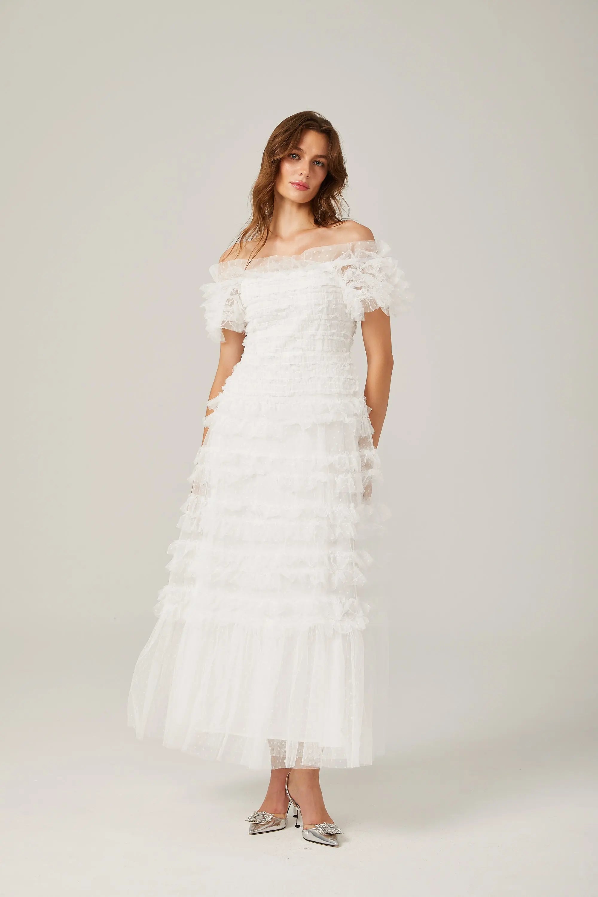 joyce ruffled tulle tiered strapless midi dress in white Avalabel