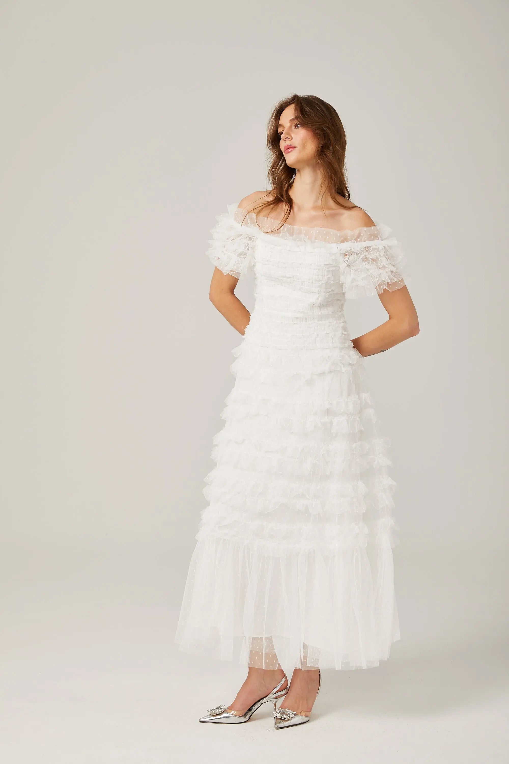 joyce ruffled tulle tiered strapless midi dress in white Avalabel