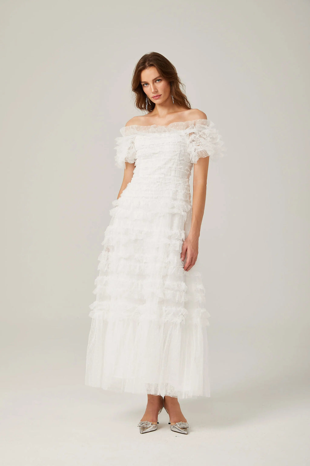 joyce ruffled tulle tiered strapless midi dress in white Avalabel