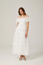 joyce ruffled tulle tiered strapless midi dress in white Avalabel