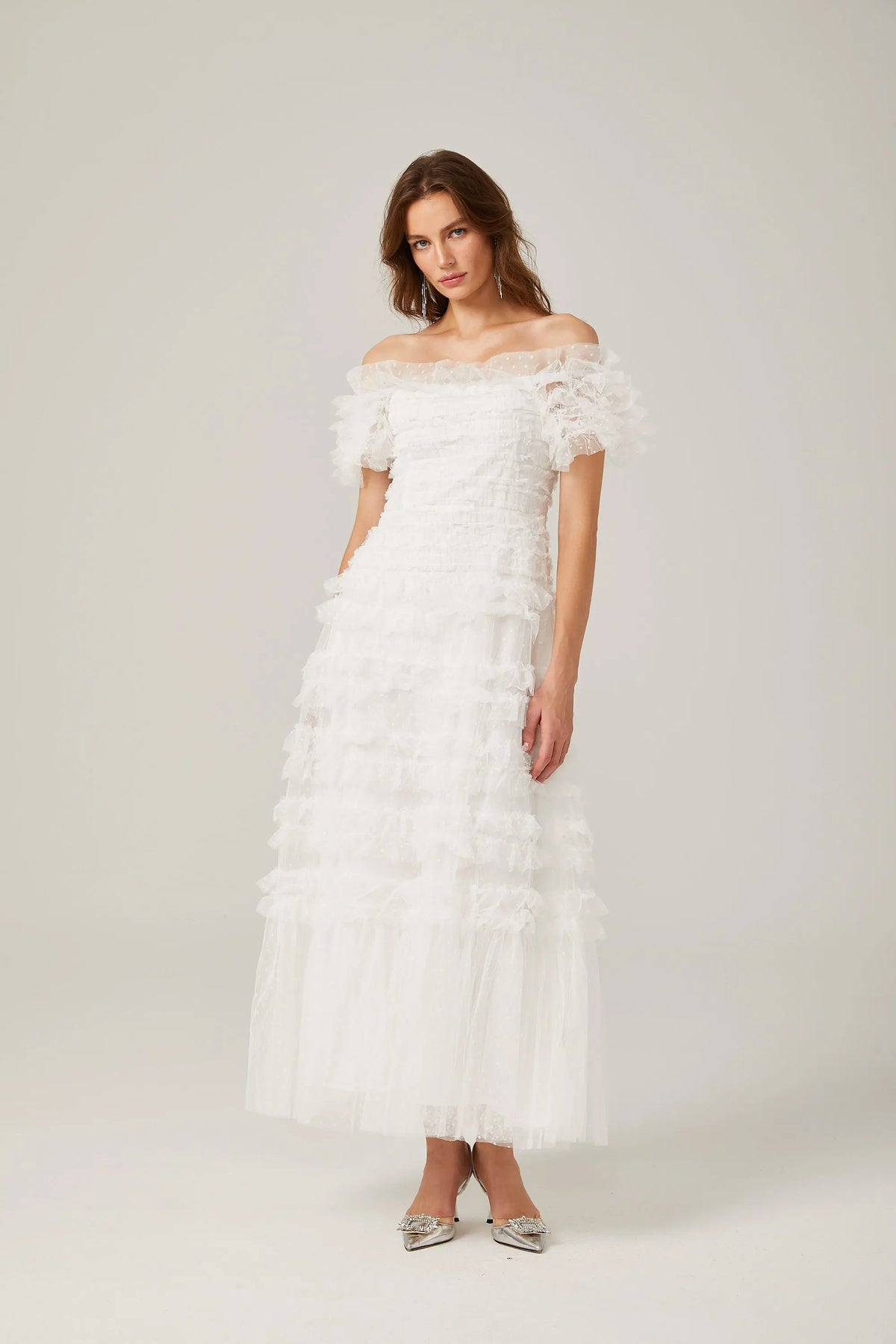 joyce ruffled tulle tiered strapless midi dress in white Avalabel