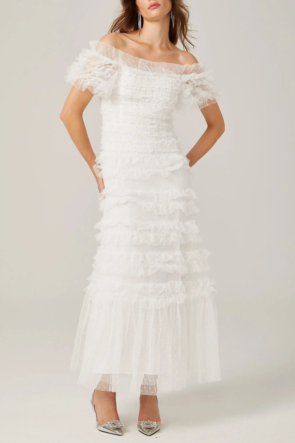 joyce ruffled tulle tiered strapless midi dress in white Avalabel