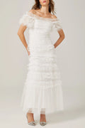 joyce ruffled tulle tiered strapless midi dress in white Avalabel