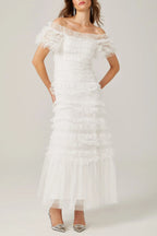 joyce ruffled tulle tiered strapless midi dress in white Avalabel