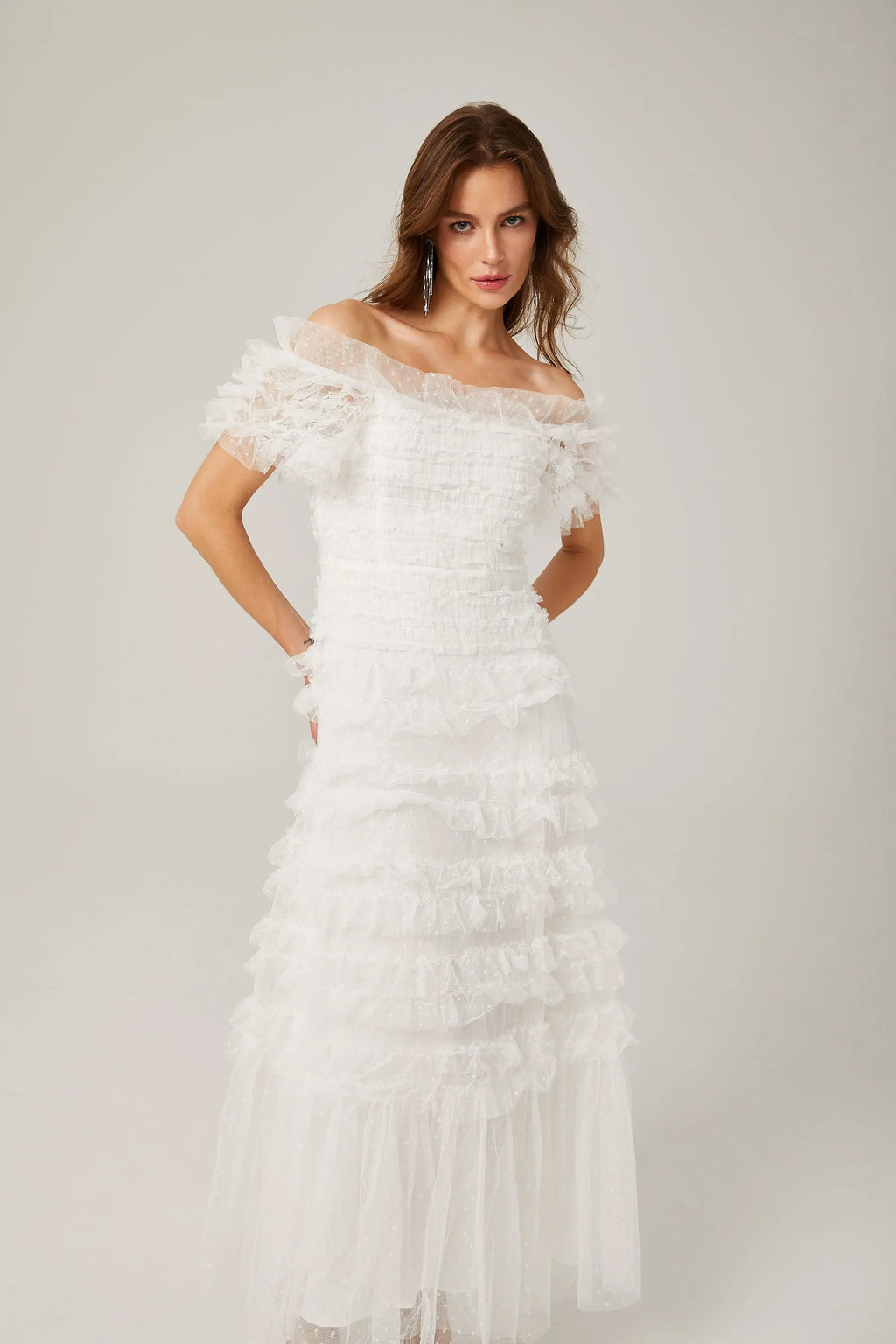 joyce ruffled tulle tiered strapless midi dress in white Avalabel