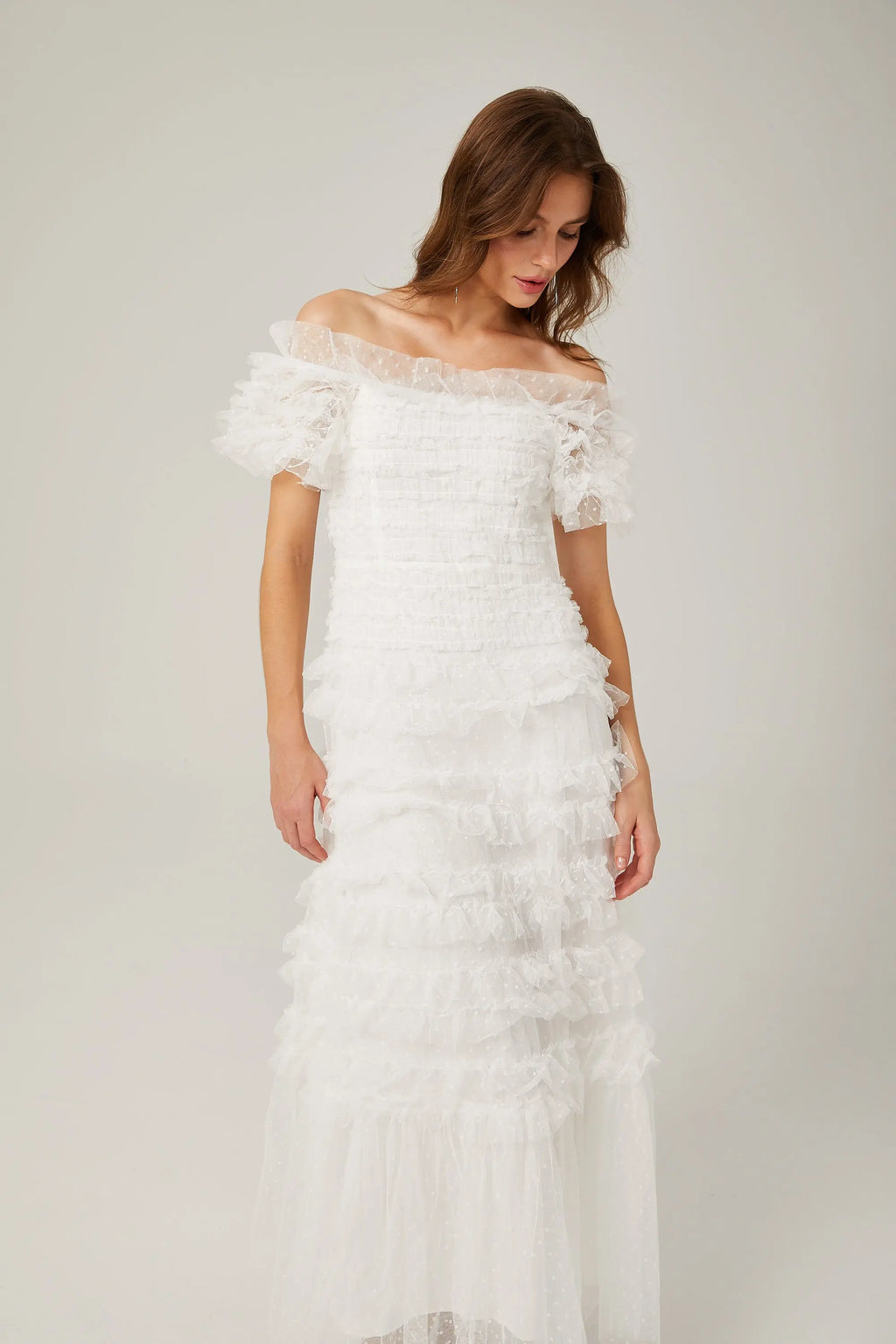 joyce ruffled tulle tiered strapless midi dress in white Avalabel