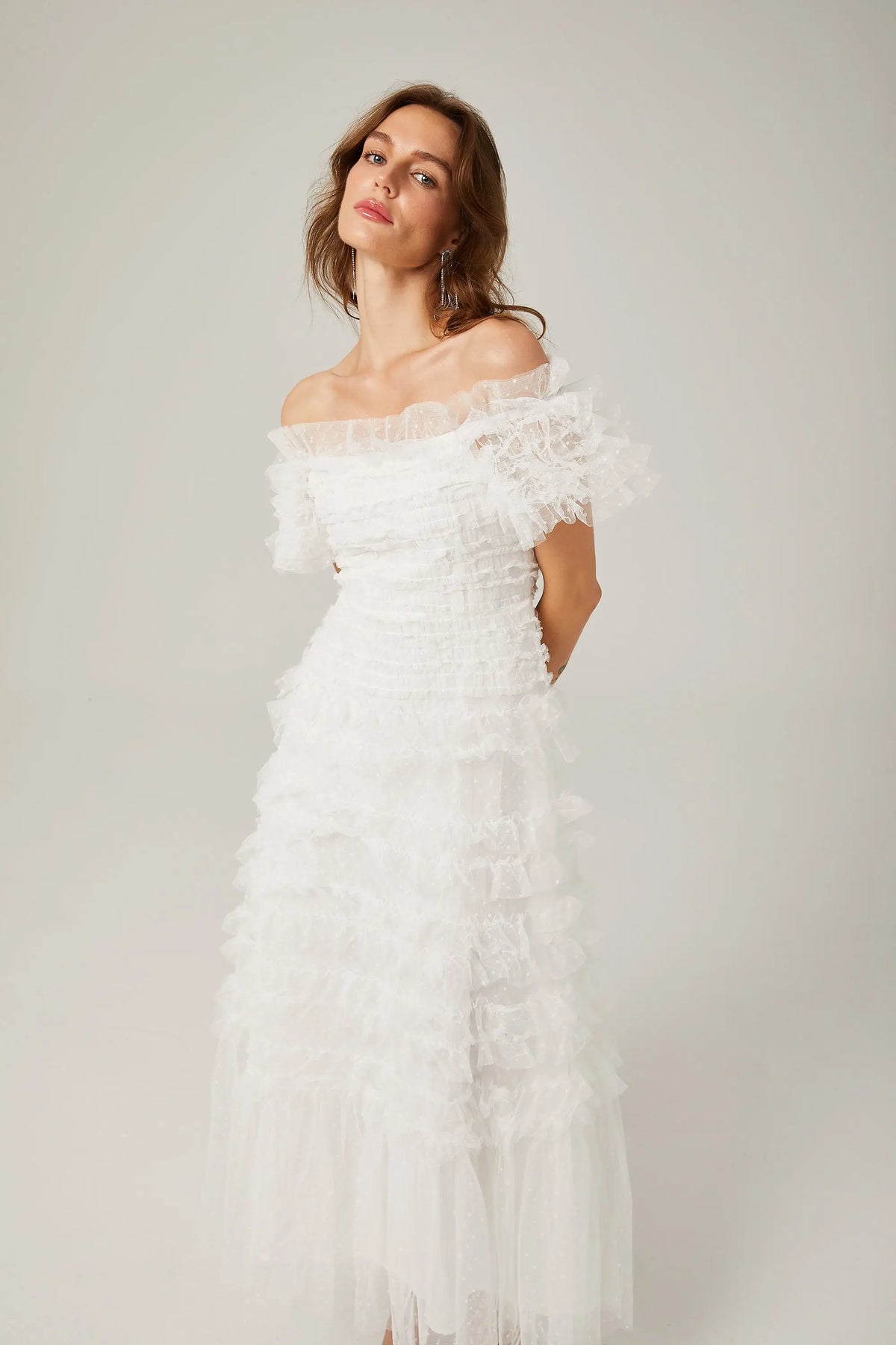 joyce ruffled tulle tiered strapless midi dress in white Avalabel
