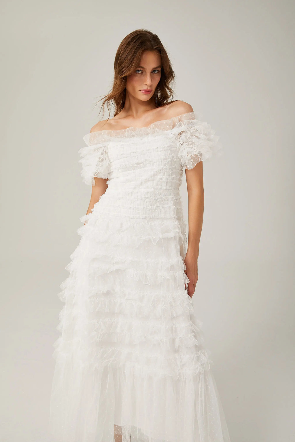 joyce ruffled tulle tiered strapless midi dress in white Avalabel