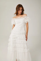 joyce ruffled tulle tiered strapless midi dress in white Avalabel