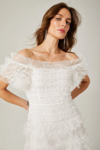 joyce ruffled tulle tiered strapless midi dress in white Avalabel