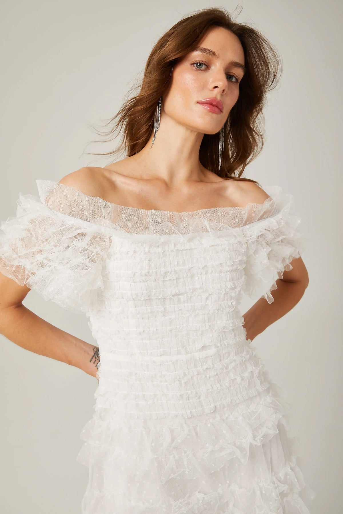joyce ruffled tulle tiered strapless midi dress in white Avalabel