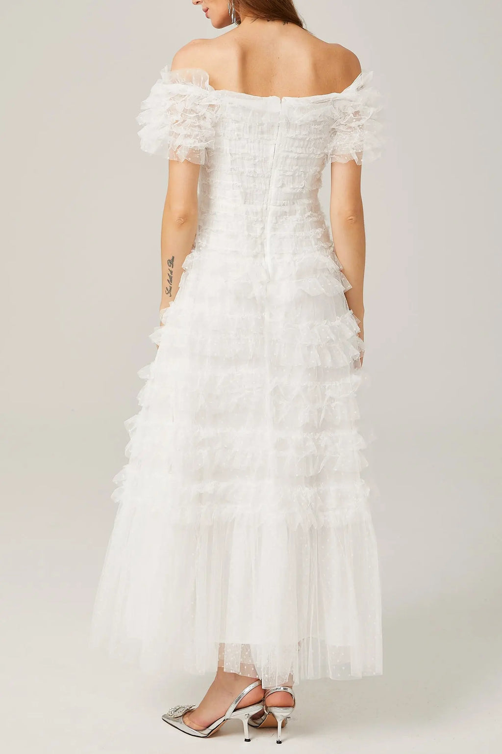 joyce ruffled tulle tiered strapless midi dress in white Avalabel