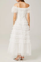 joyce ruffled tulle tiered strapless midi dress in white Avalabel