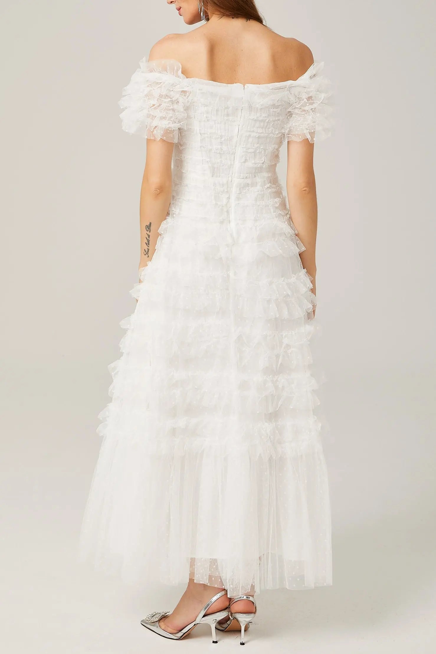 joyce ruffled tulle tiered strapless midi dress in white Avalabel