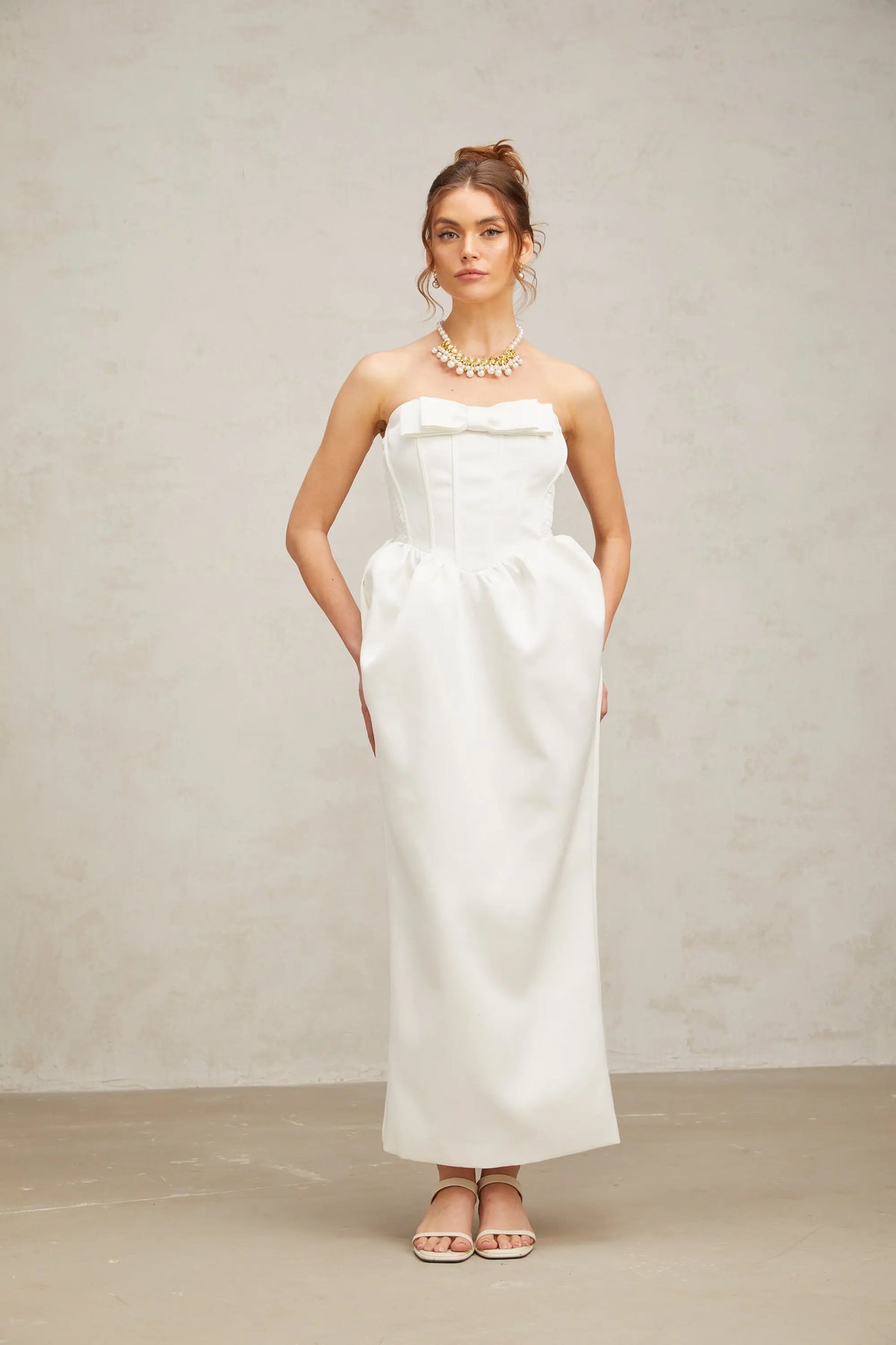 josephine bow satin strapless maxi dress in white Avalabel