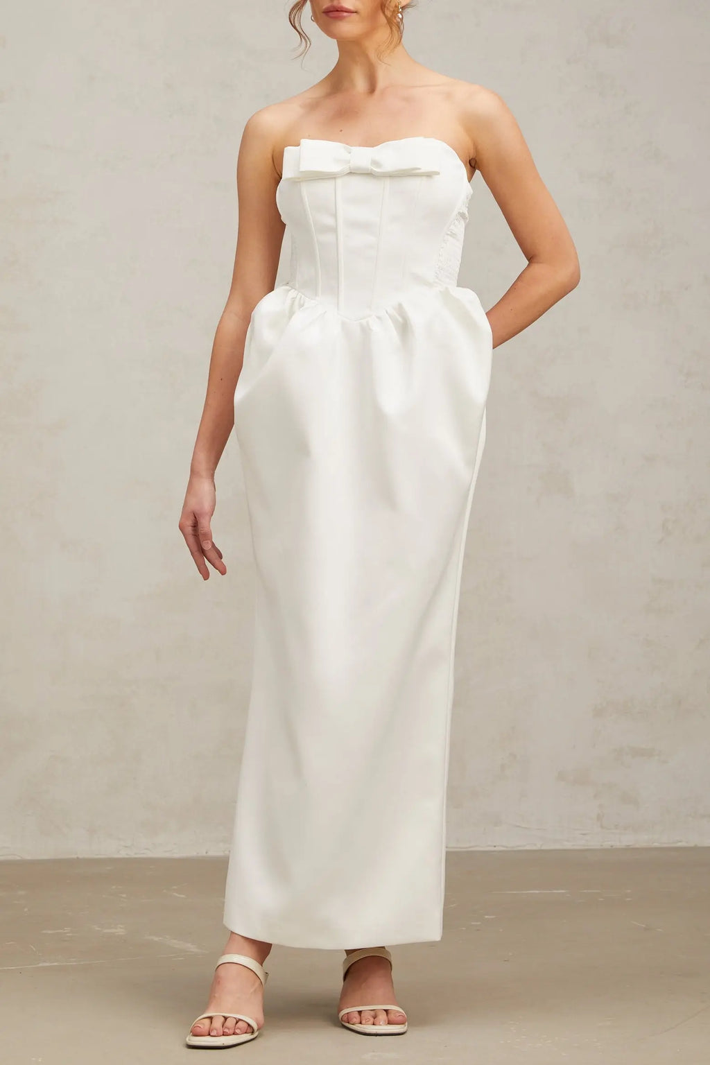 josephine bow satin strapless maxi dress in white Avalabel