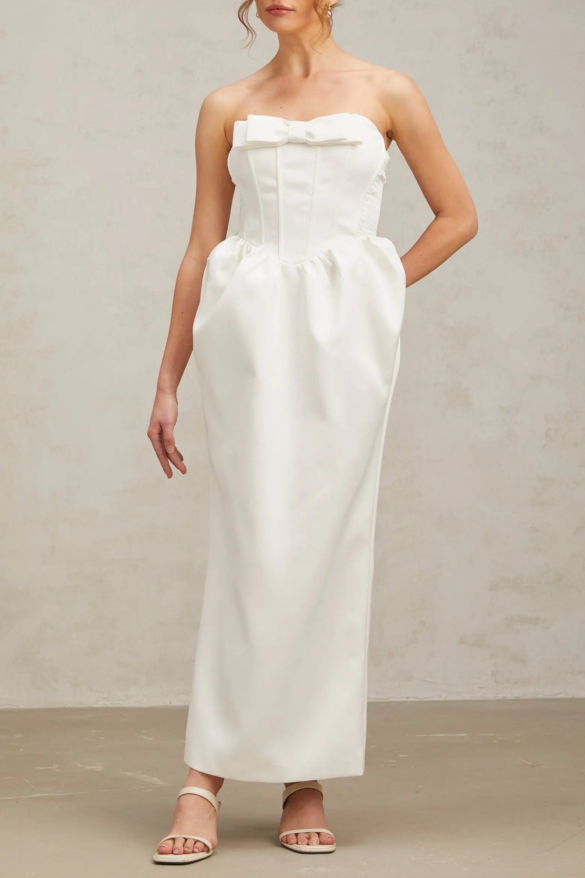 josephine bow satin strapless maxi dress in white Avalabel